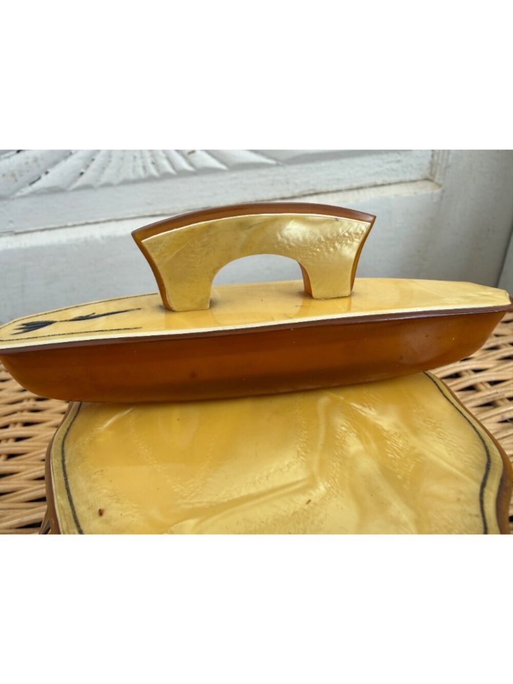 Antique 20's Art Deco Vanity Set Amber Celluloid Glass Jar/Mirror, Shoe Hooks - Picture 11 of 16